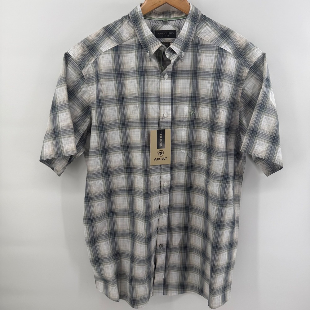 Ariat Pro Series Mens Large Short Sleeve Plaid Button Down Shirt Grey White